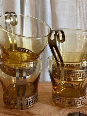 Vintage Mid-Century Modern Libbey Amber Glass Cups with Greek Key Metal Holders